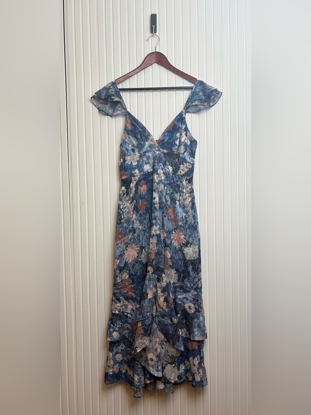 Blue Floral V-Neck Ruffle Maxi Dress